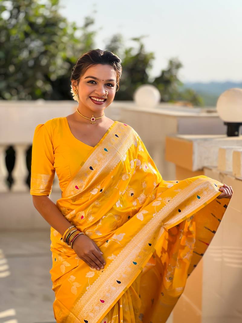 Yellow Banarasi Art Silk Saree With Zari Weaving Design