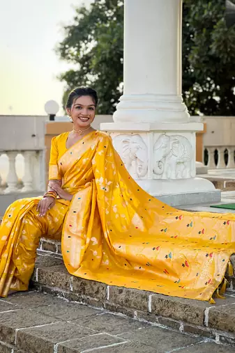 Yellow Banarasi Art Silk Saree With Zari Weaving Design