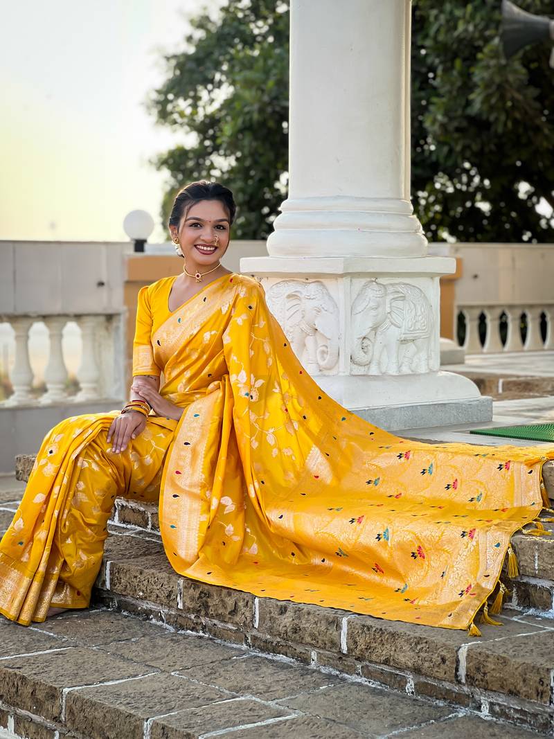 Yellow Banarasi Art Silk Saree With Zari Weaving Design