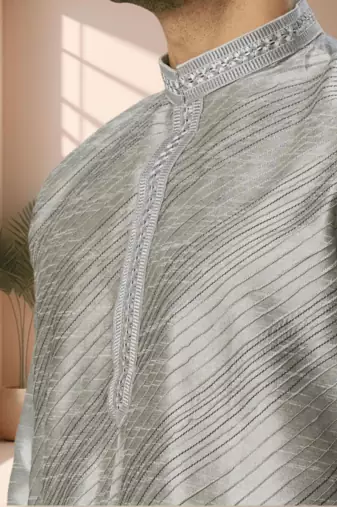 Grey art silk kurta patiala for men"s