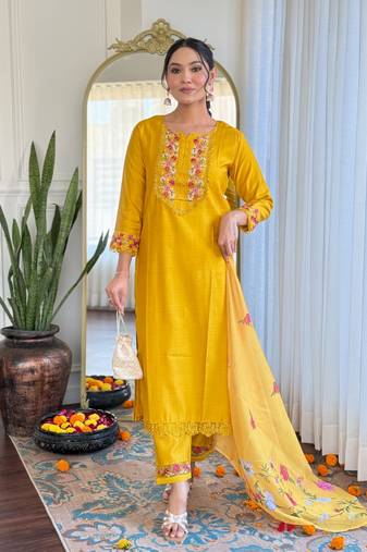 Yellow designer embroidery with printed looks ethnic girlie gadhwal silk stitched suit
