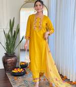 Yellow designer embroidery with printed looks ethnic girlie gadhwal silk stitched suit