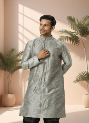 Grey art silk kurta patiala for men"s 4