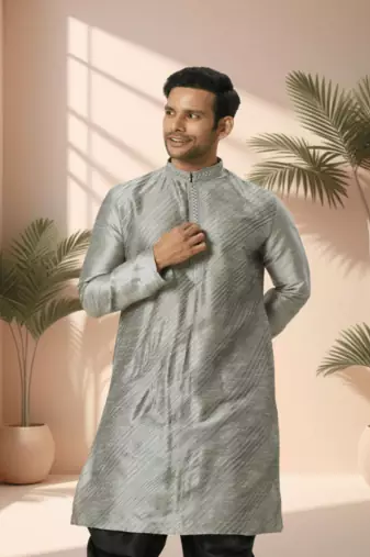 Grey art silk kurta patiala for men"s