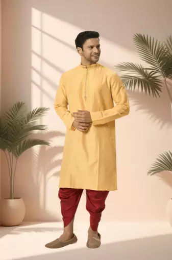 Cotton yellow kurta patiala for men"s