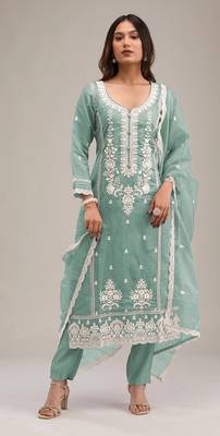 Green cotton fabric embroidery work ceremonial salwar kameez 1