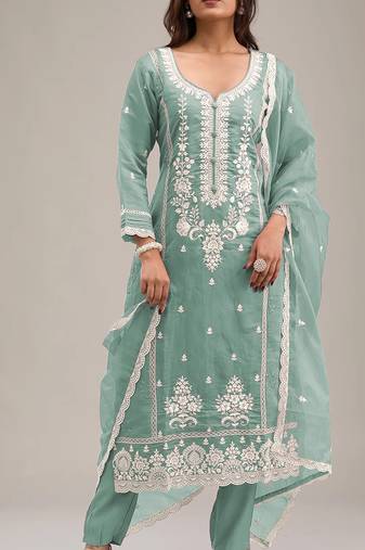 Green cotton fabric designer embroidery work ceremonial salwar kameez