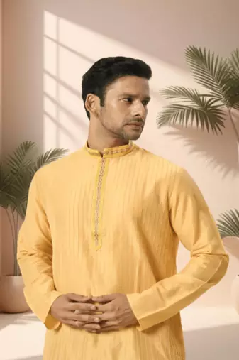 Cotton yellow kurta patiala for men"s