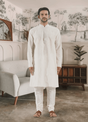 White kurta churidar indian ethnic wear for men's 1