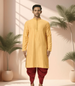 Cotton yellow kurta patiala for men"s
