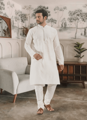 White kurta churidar indian ethnic wear for men's 2