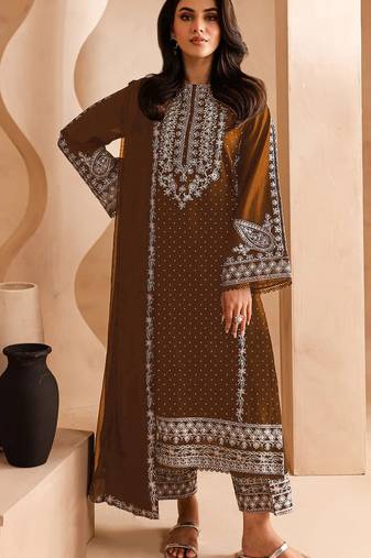 Brown georgette fabric designer embroidery work ceremonial salwar kameez