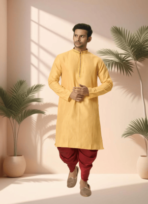Cotton yellow kurta patiala for men"s 2