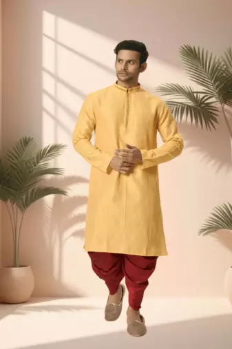 Cotton yellow kurta patiala for men"s