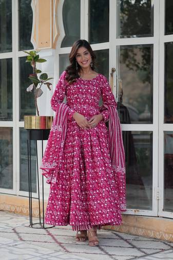 Pink cotton fabric designer printed readymade partywear dress