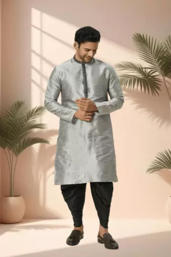 Art silk grey kurta patiala for men"s