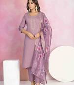 Lavender viscose chanderi fabric designer embroidery work fancy festive saree