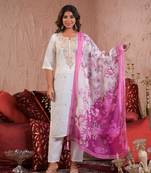 White viscose chanderi fabric designer embroidery work fancy festive saree