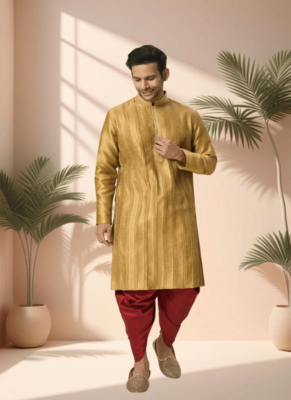 Yellow cotton kurta patiala for men"s 2