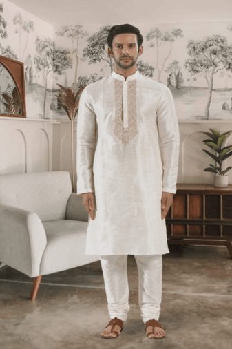 White kurta churidar indian ethnic wear for men's