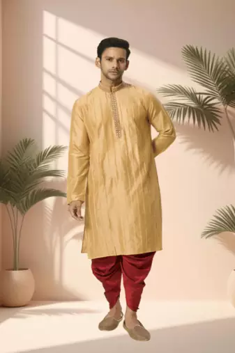Yellow cotton kurta patiala for men"s