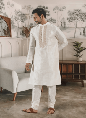 White kurta churidar indian ethnic wear for men's 2