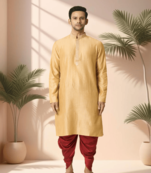 Yellow cotton kurta patiala for men"s