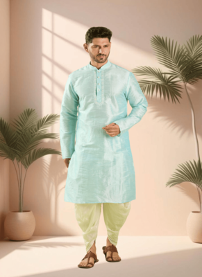 Blue art silk kurta patiala for men"s 1