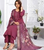 Wine  color viscose vertican fabric embroidery work kurta set with digital printed jaquard dupatta