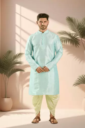Blue art silk kurta patiala for men"s