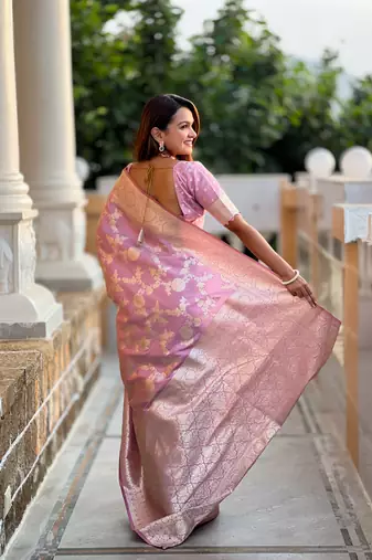 Onion Pink Banarasi Art Silk Saree With Zari Weaving
