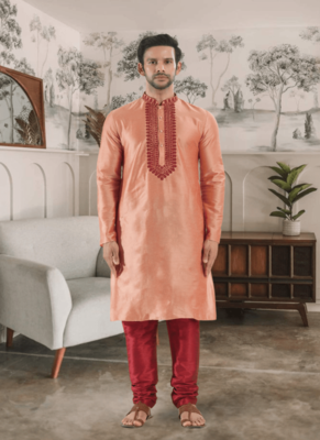 Orange kurta churidar indian ethnic wear for men's 1