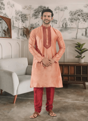 Orange kurta churidar indian ethnic wear for men's 2