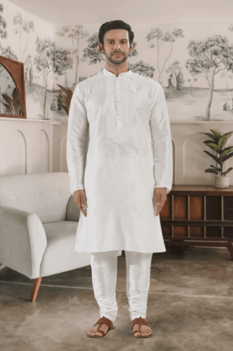 White kurta churidar indian ethnic wear for men's