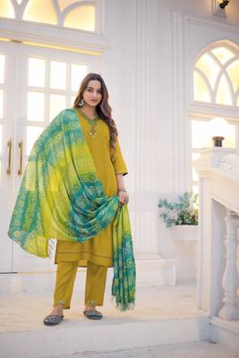 Women Viscos Weaving Straight Kurta With Pant And Dupatta Suit Set  1