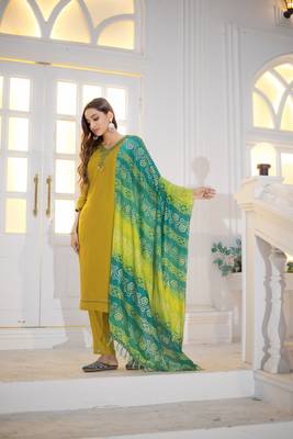 Women Viscos Weaving Straight Kurta With Pant And Dupatta Suit Set  3