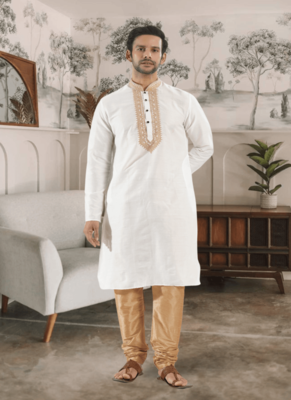 White kurta churidar indian ethnic wear for men's 2