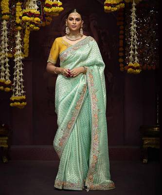 Sea Green Pure Banarasi Kanjivaram Heavy Work Border Designer Saree 1
