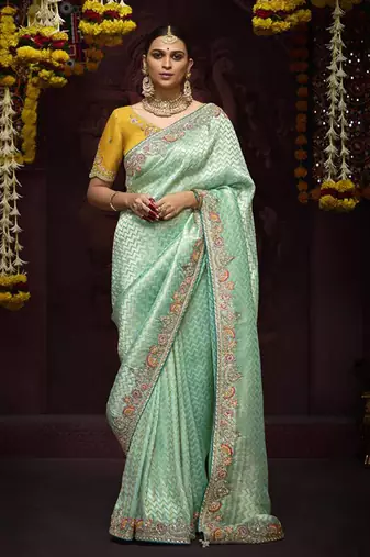 Sea Green Pure Banarasi Kanjivaram Heavy Work Border Designer Saree