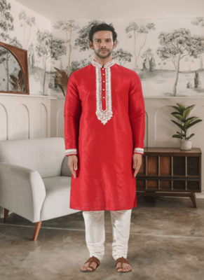 Red kurta churidar indian ethnic wear for men's 1