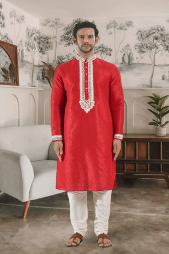 Red kurta churidar indian ethnic wear for men's