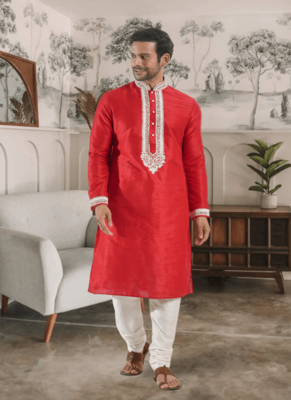 Red kurta churidar indian ethnic wear for men's 2