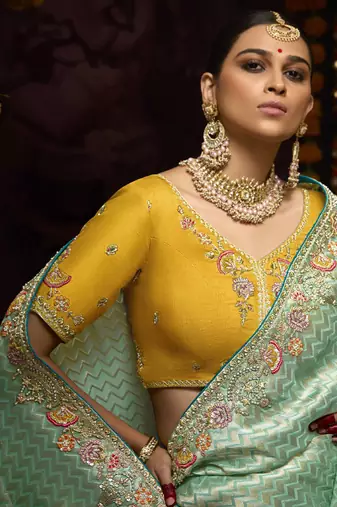Sea Green Pure Banarasi Kanjivaram Heavy Work Border Designer Saree