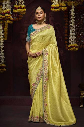 Light Yellow Pure Banarasi Kanjivaram Heavy Work Border Designer Saree