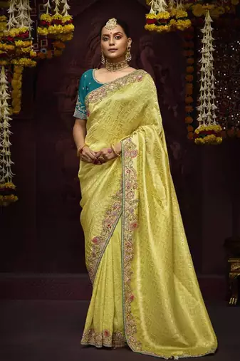 Light Yellow Pure Banarasi Kanjivaram Heavy Work Border Designer Saree