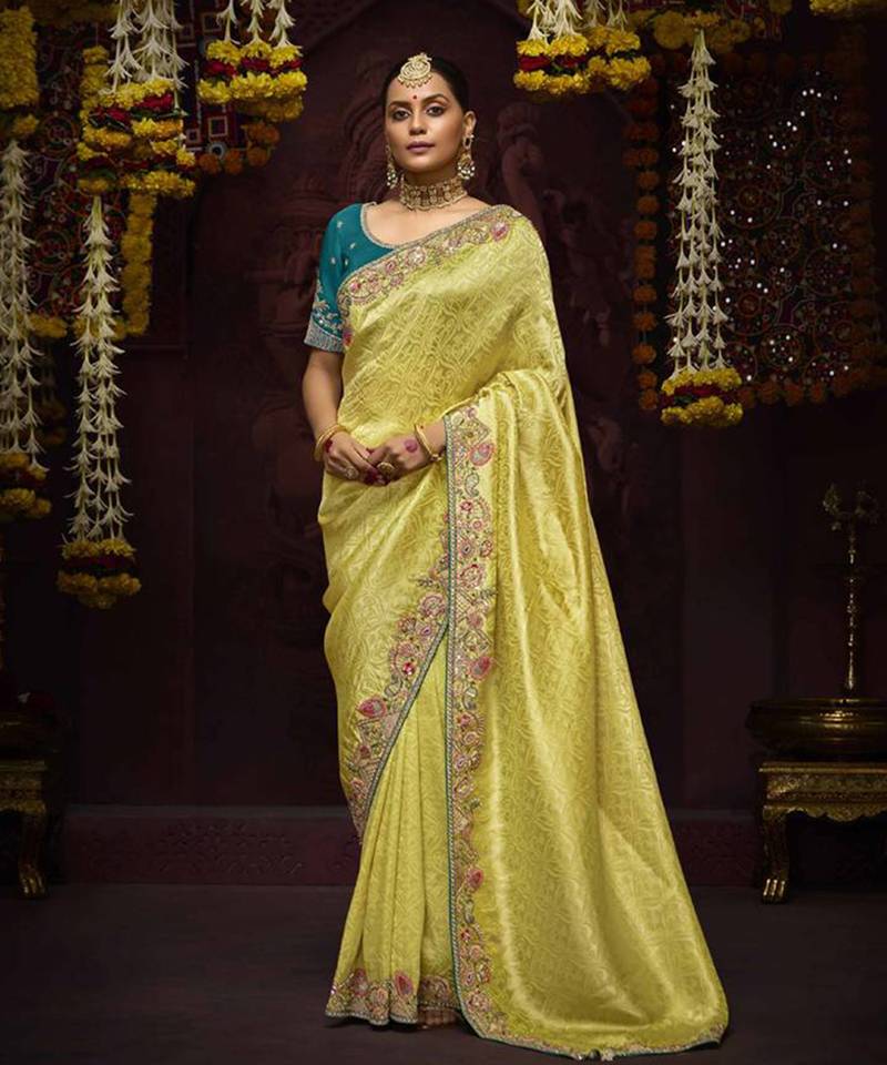 Light Yellow Pure Banarasi Kanjivaram Heavy Work Border Designer Saree