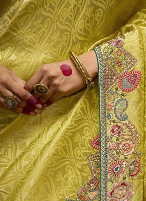 Light Yellow Pure Banarasi Kanjivaram Heavy Work Border Designer Saree 4
