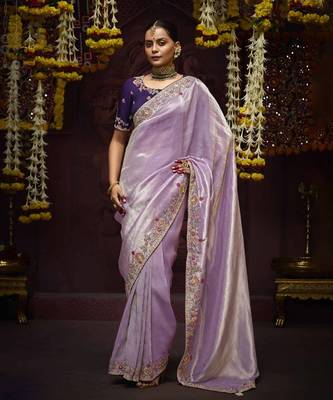 lavender Pure Banarasi Kanjivaram Heavy Work Border Designer Saree 1