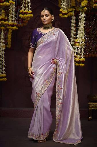 lavender Pure Banarasi Kanjivaram Heavy Work Border Designer Saree