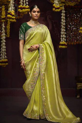 Light Parrot Green Pure Banarasi Kanjivaram Heavy Work Border Designer Saree